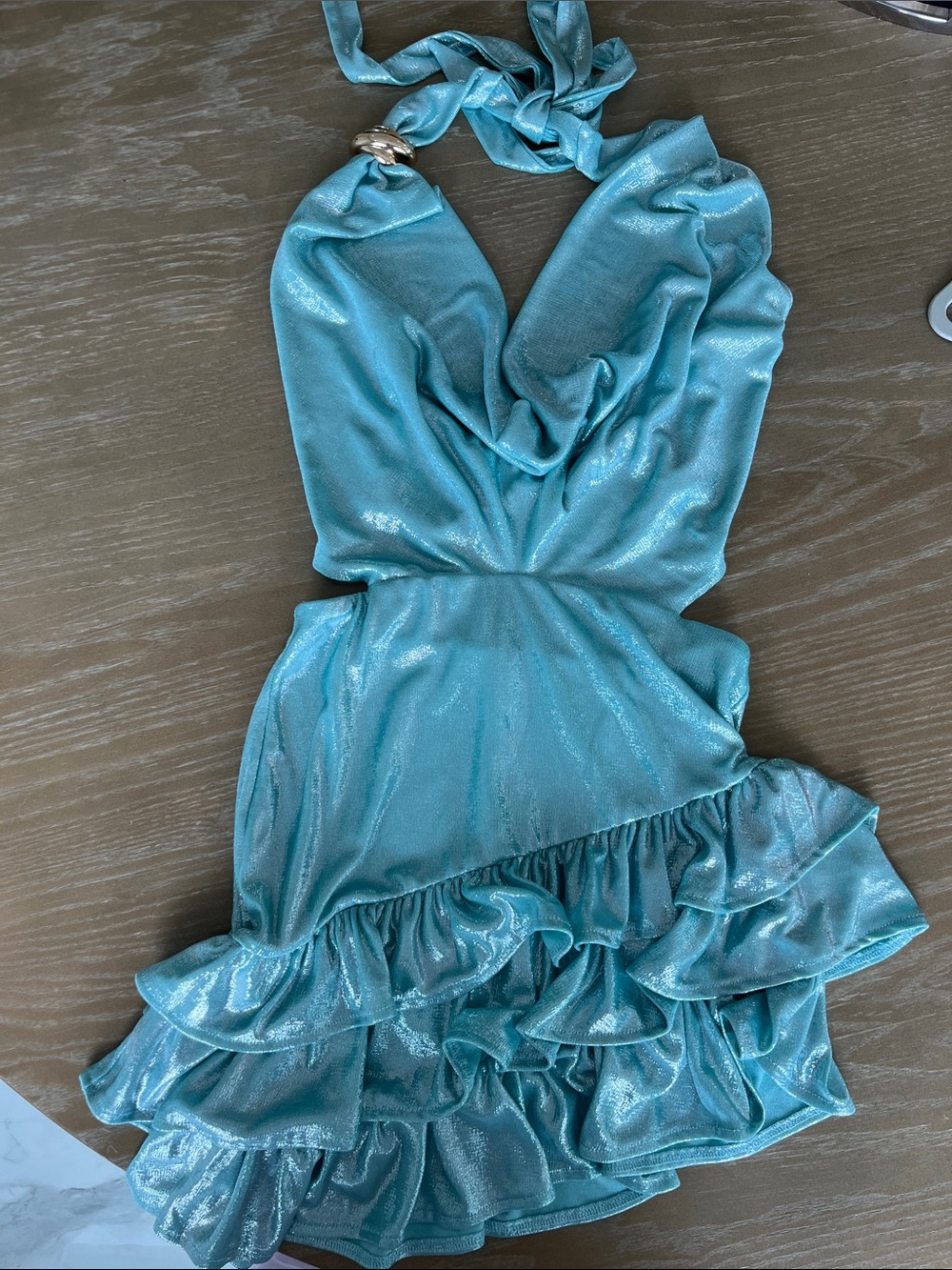 Windsor Shimmer Teal Halter One-Piece with Ruffle Skirt